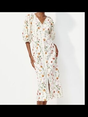 Midi White Floral Button-front Balloon Sleeved Dress